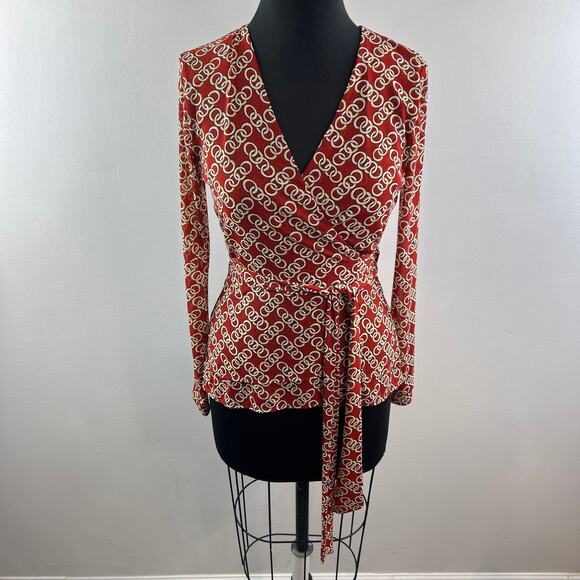 CABI Red White Top Stretch Signet Chain Ringleader Wrap Tie Plunge Neck Size XS - Picture 2 of 12